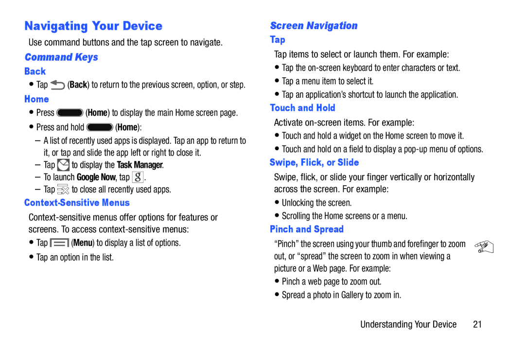 Samsung SMT217TMKATMB, Tab3 user manual Navigating Your Device, Command Keys, Screen Navigation 