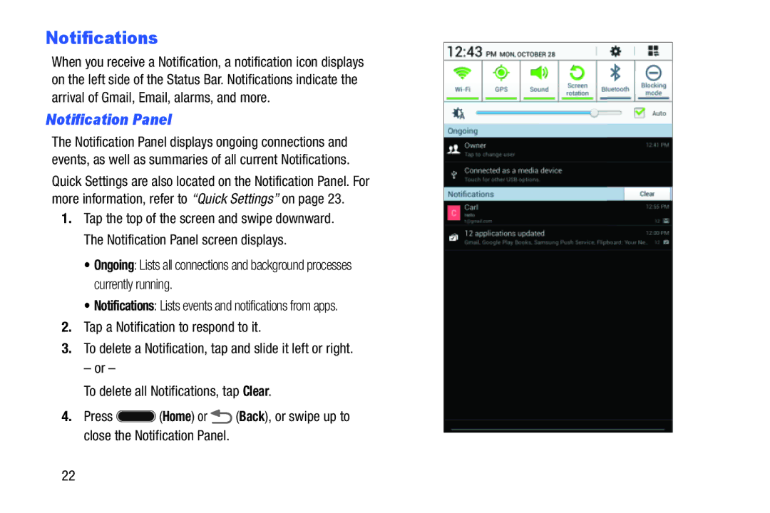 Samsung Tab3, SMT217TMKATMB user manual Notifications, Notification Panel 