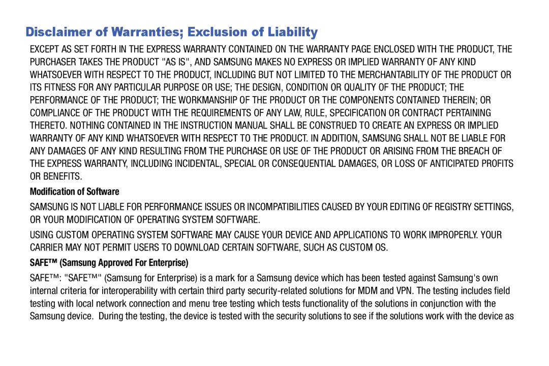 Samsung SMT217TMKATMB, Tab3 user manual Disclaimer of Warranties Exclusion of Liability, Modification of Software 