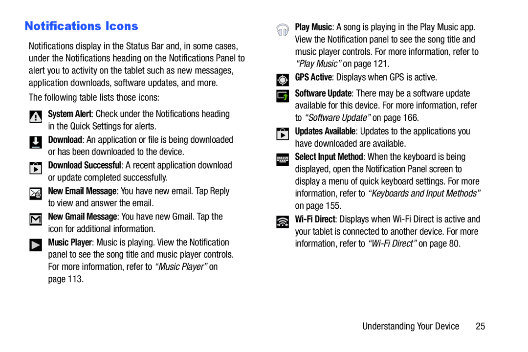 Samsung SMT217TMKATMB, Tab3 Notifications Icons, Following table lists those icons, GPS Active Displays when GPS is active 