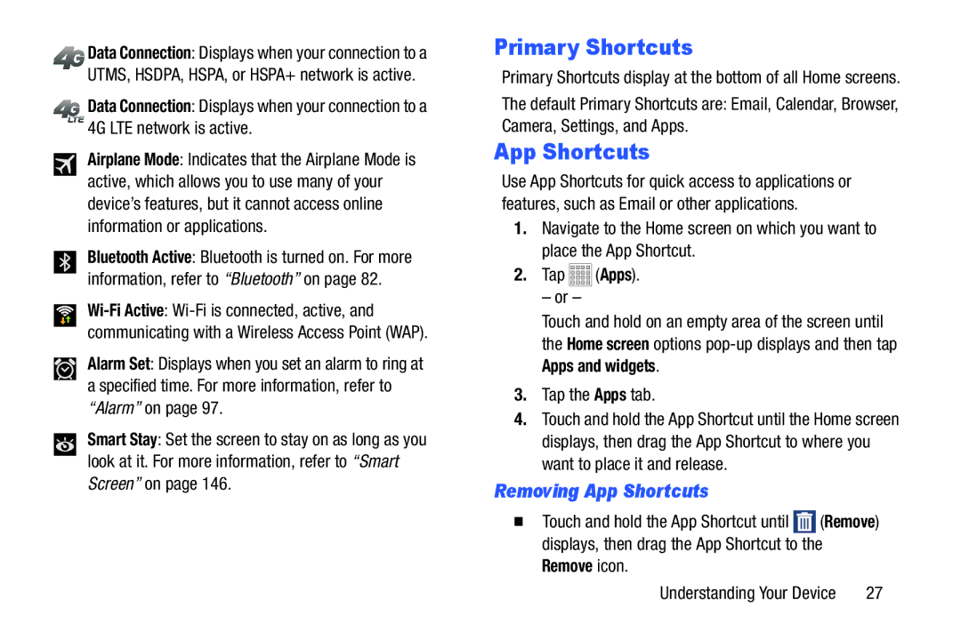 Samsung SMT217TMKATMB, Tab3 user manual Primary Shortcuts, Removing App Shortcuts, Tap the Apps tab 