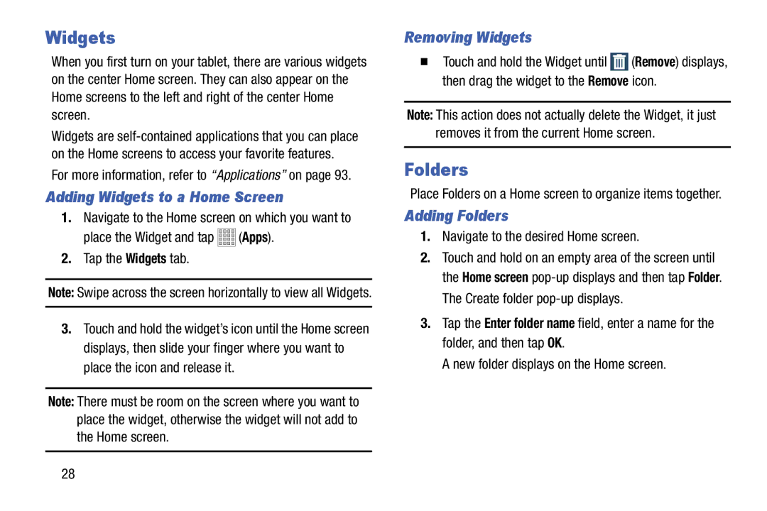 Samsung Tab3, SMT217TMKATMB user manual Adding Widgets to a Home Screen, Removing Widgets, Adding Folders 