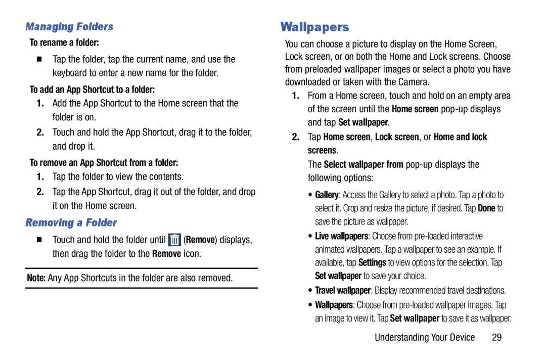 Samsung SMT217TMKATMB, Tab3 user manual Wallpapers, Managing Folders, Removing a Folder 