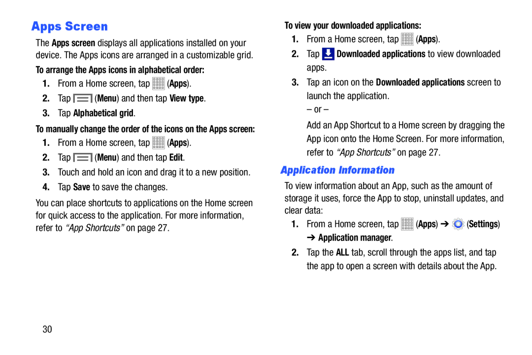 Samsung Tab3, SMT217TMKATMB user manual Apps Screen, Application Information 