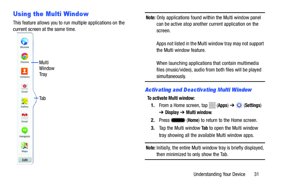 Samsung SMT217TMKATMB, Tab3 Using the Multi Window, Activating and Deactivating Multi Window, To activate Multi window 