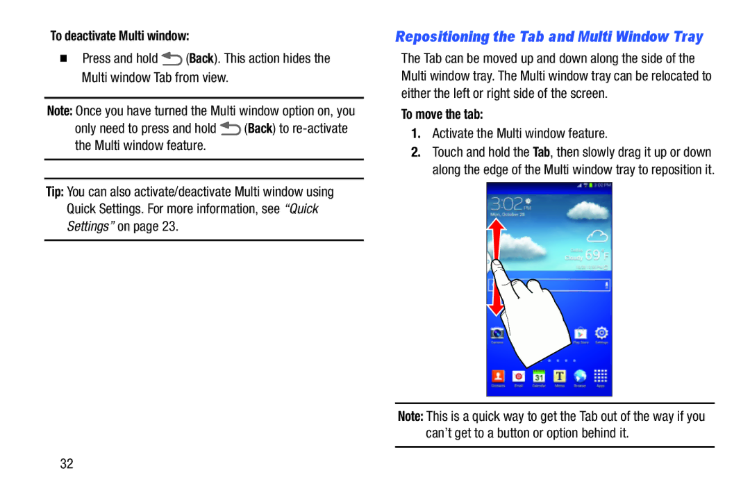 Samsung Tab3, SMT217TMKATMB user manual To deactivate Multi window, To move the tab, Activate the Multi window feature 