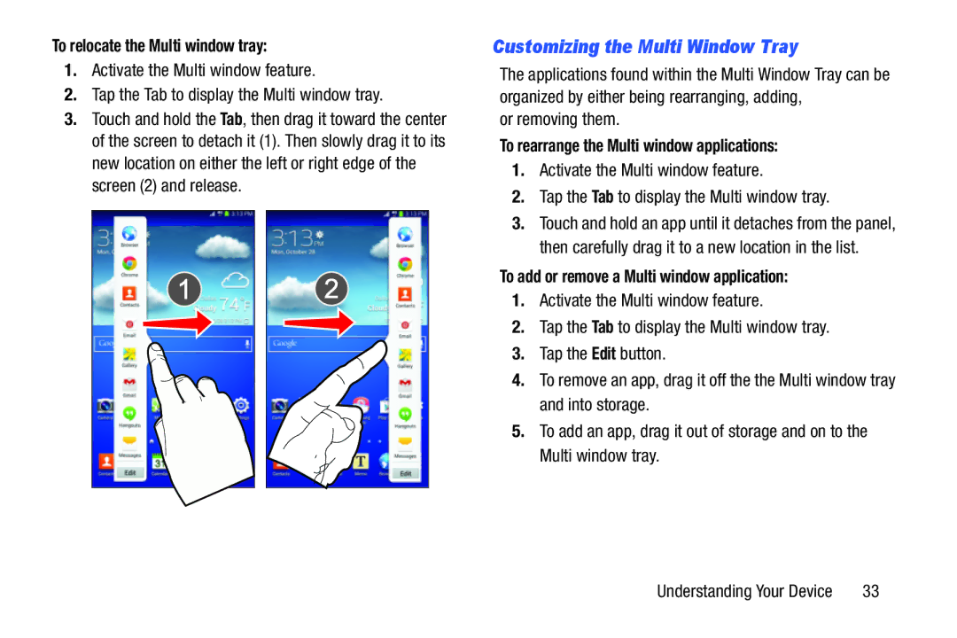 Samsung SMT217TMKATMB, Tab3 Customizing the Multi Window Tray, To relocate the Multi window tray, Or removing them 