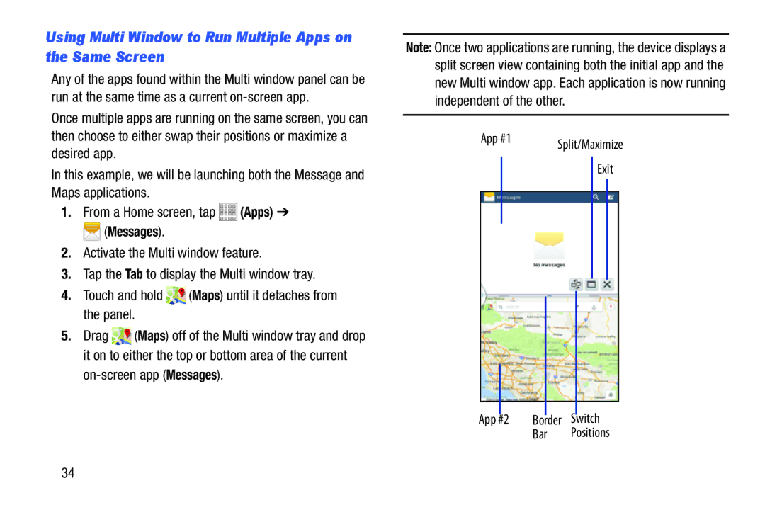 Samsung Tab3 user manual Using Multi Window to Run Multiple Apps on the Same Screen, On-screen app Messages App #1, Exit 