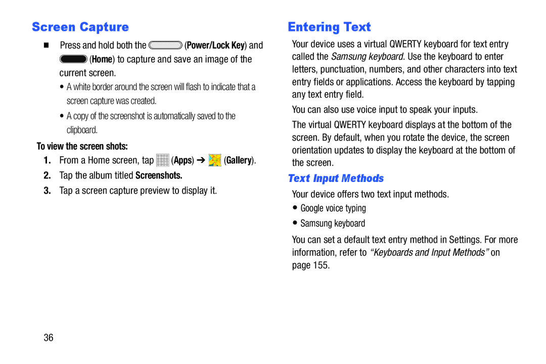 Samsung Tab3, SMT217TMKATMB user manual Screen Capture, Entering Text, Text Input Methods, To view the screen shots 