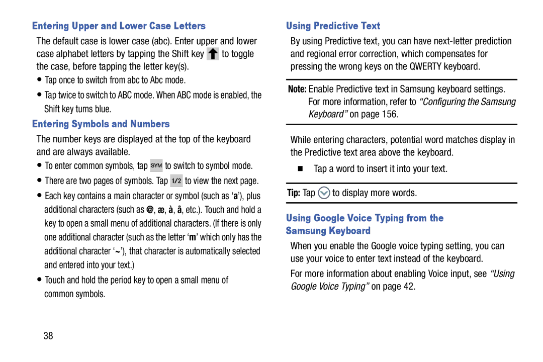 Samsung Tab3, SMT217TMKATMB Entering Upper and Lower Case Letters, Entering Symbols and Numbers, Using Predictive Text 