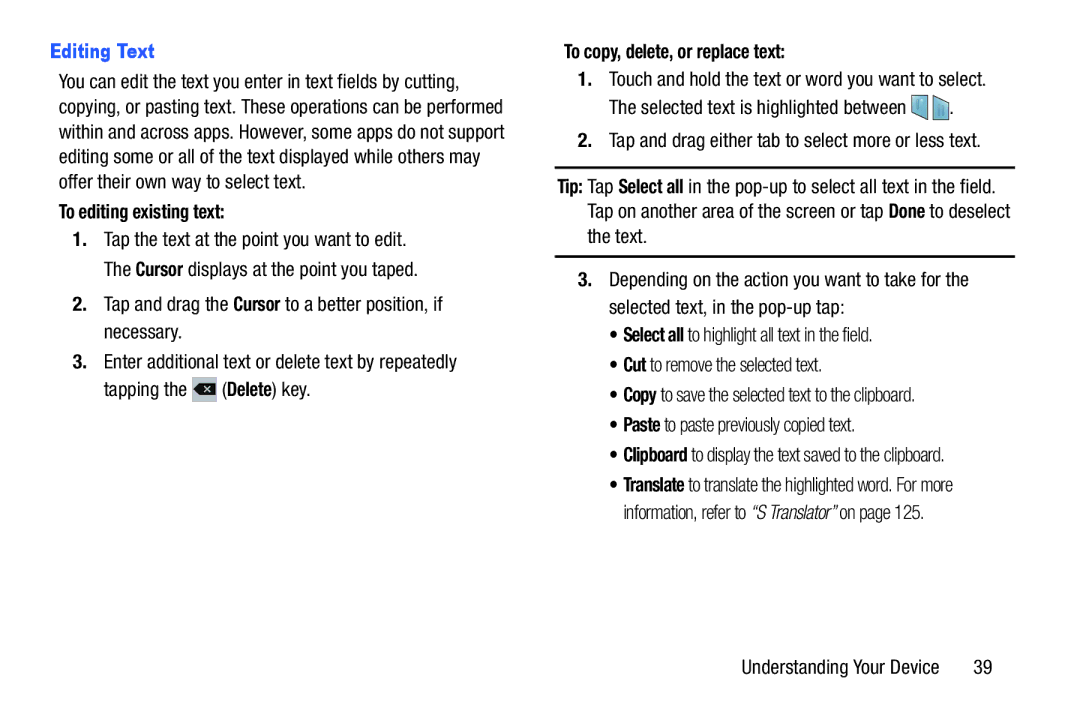 Samsung SMT217TMKATMB, Tab3 user manual Editing Text, To editing existing text, To copy, delete, or replace text 