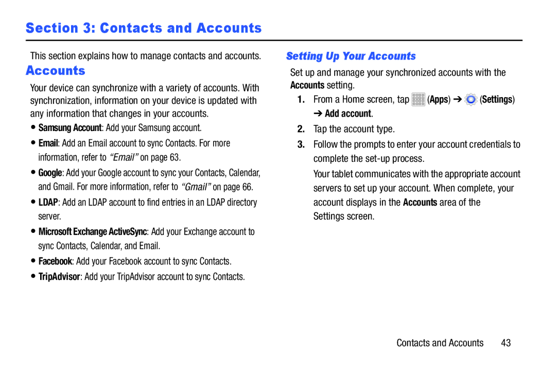 Samsung SMT217TMKATMB, Tab3 user manual Setting Up Your Accounts, Samsung Account Add your Samsung account, Add account 