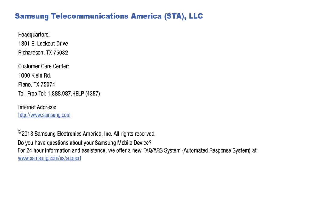 Samsung SMT217TMKATMB, Tab3 user manual Samsung Telecommunications America STA, LLC 