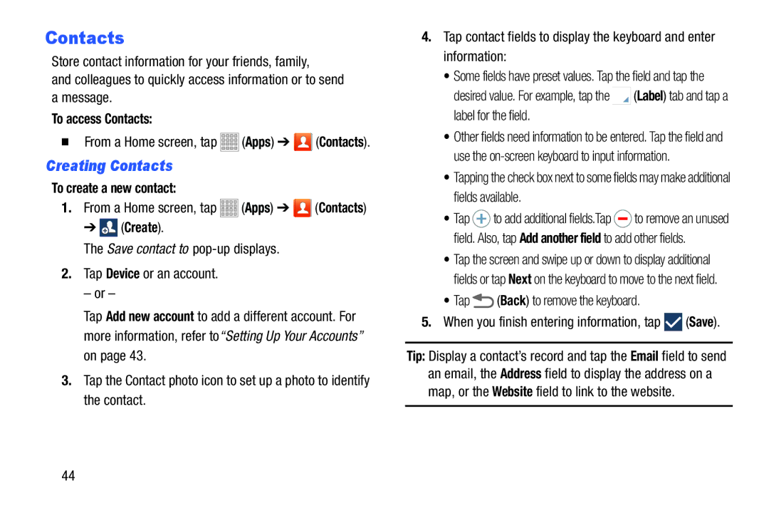 Samsung Tab3, SMT217TMKATMB user manual Creating Contacts 