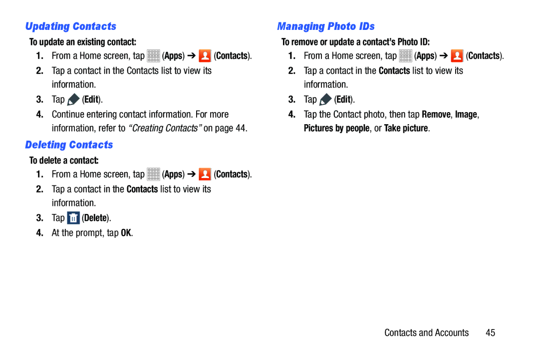 Samsung SMT217TMKATMB, Tab3 user manual Updating Contacts, Deleting Contacts, Managing Photo IDs 