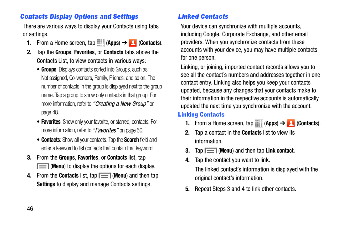 Samsung Tab3, SMT217TMKATMB user manual Contacts Display Options and Settings, Linked Contacts, Linking Contacts 