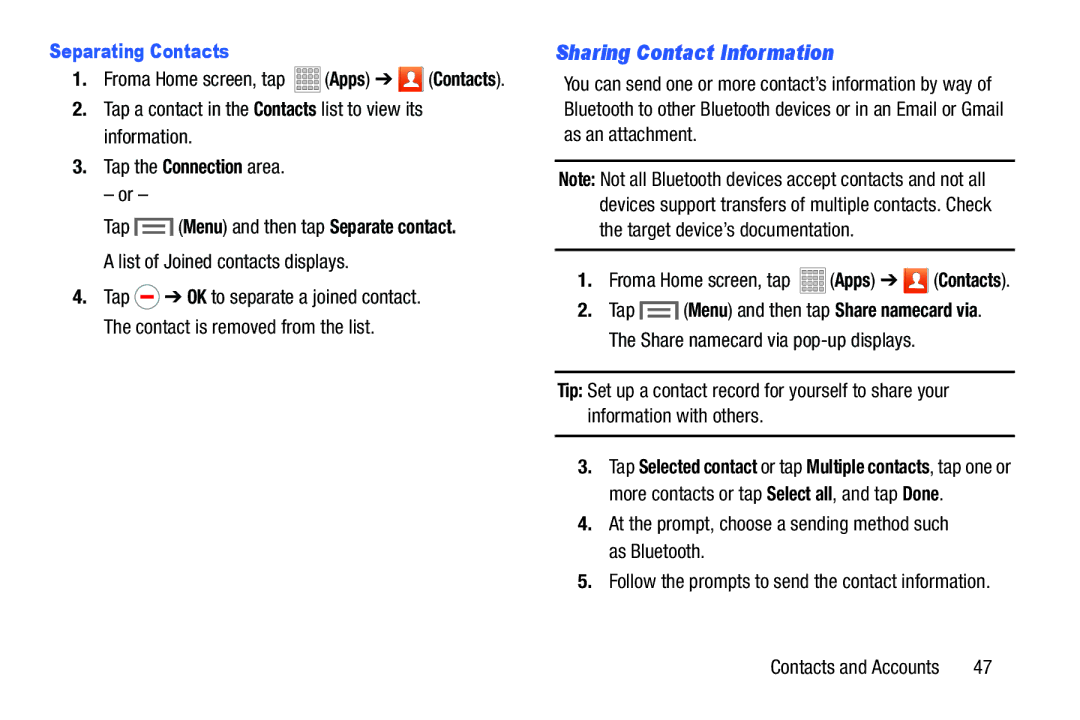 Samsung SMT217TMKATMB, Tab3 user manual Sharing Contact Information, Separating Contacts 