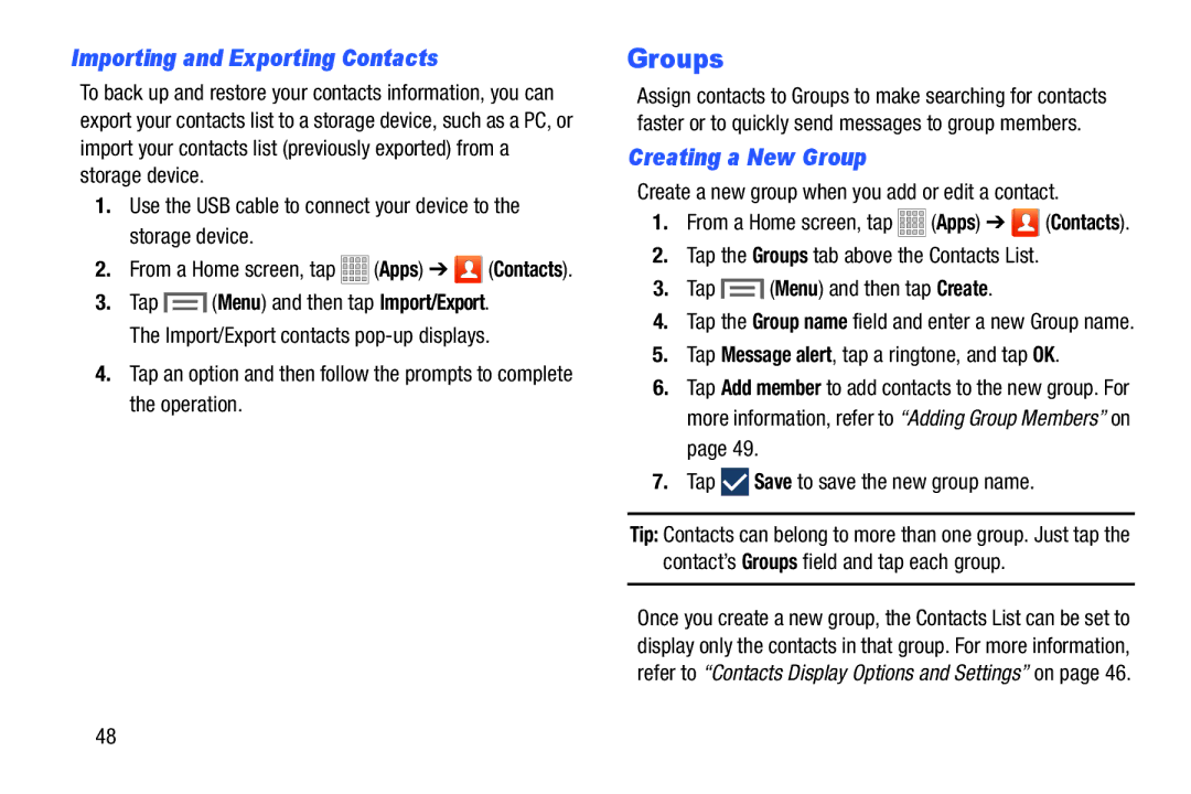 Samsung Tab3, SMT217TMKATMB user manual Groups, Importing and Exporting Contacts, Creating a New Group 