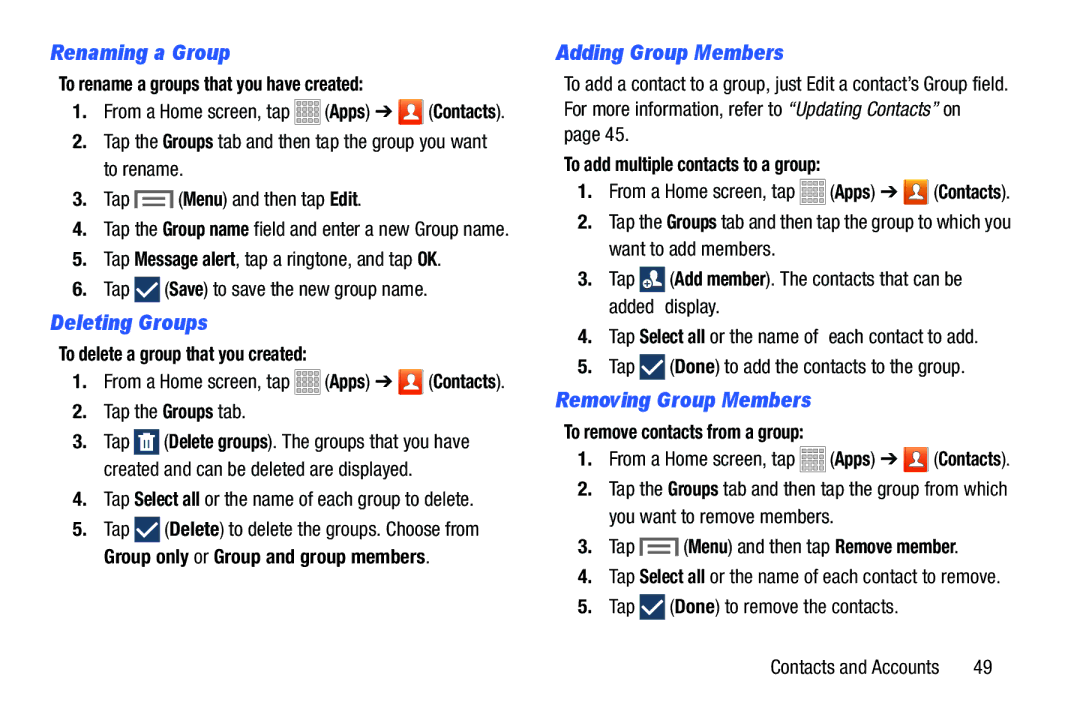 Samsung SMT217TMKATMB, Tab3 user manual Renaming a Group, Adding Group Members 