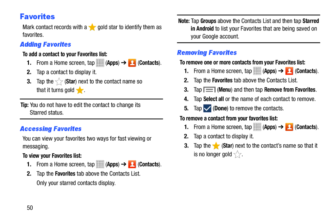 Samsung Tab3, SMT217TMKATMB user manual Adding Favorites, Accessing Favorites, Removing Favorites 