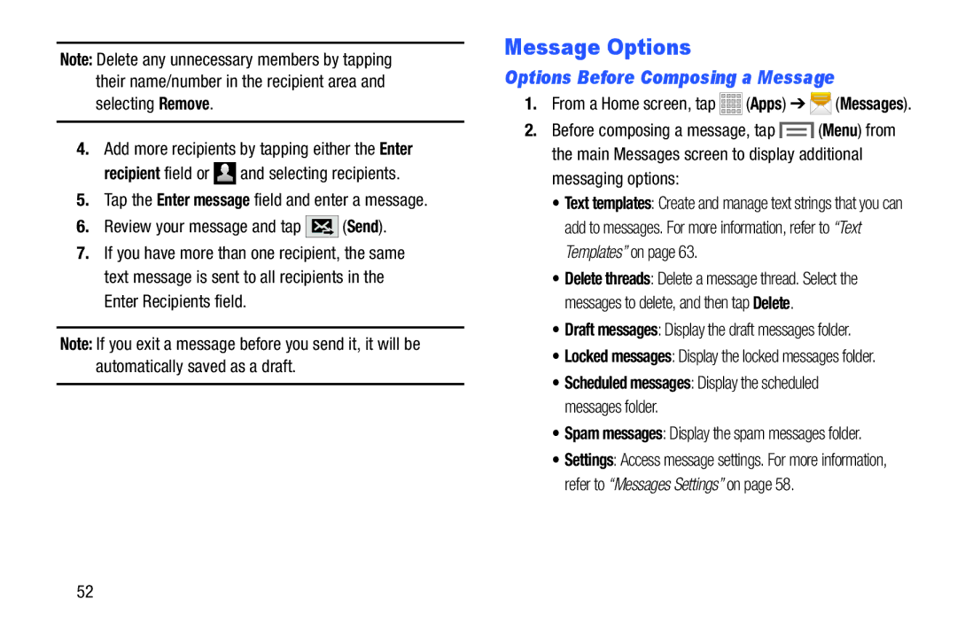 Samsung Tab3 Message Options, Options Before Composing a Message, Tap the Enter message field and enter a message 