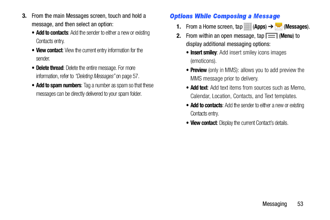 Samsung SMT217TMKATMB, Tab3 Options While Composing a Message, Insert smiley Add insert smiley icons images emoticons 