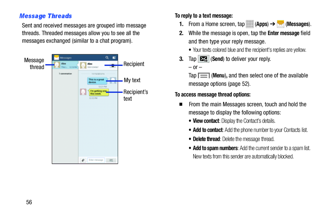 Samsung Tab3, SMT217TMKATMB user manual Message Threads, To reply to a text message, To access message thread options 