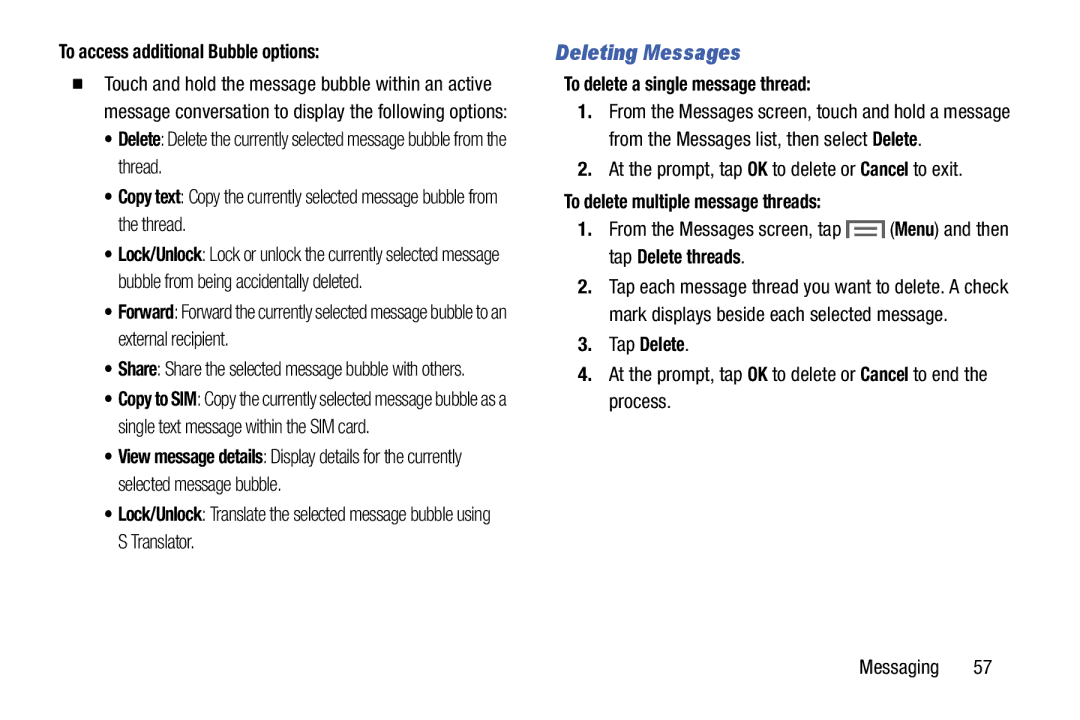 Samsung SMT217TMKATMB, Tab3 Deleting Messages, To access additional Bubble options, To delete a single message thread 