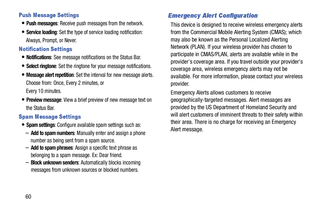 Samsung Tab3 user manual Emergency Alert Configuration, Push Message Settings, Notification Settings, Spam Message Settings 