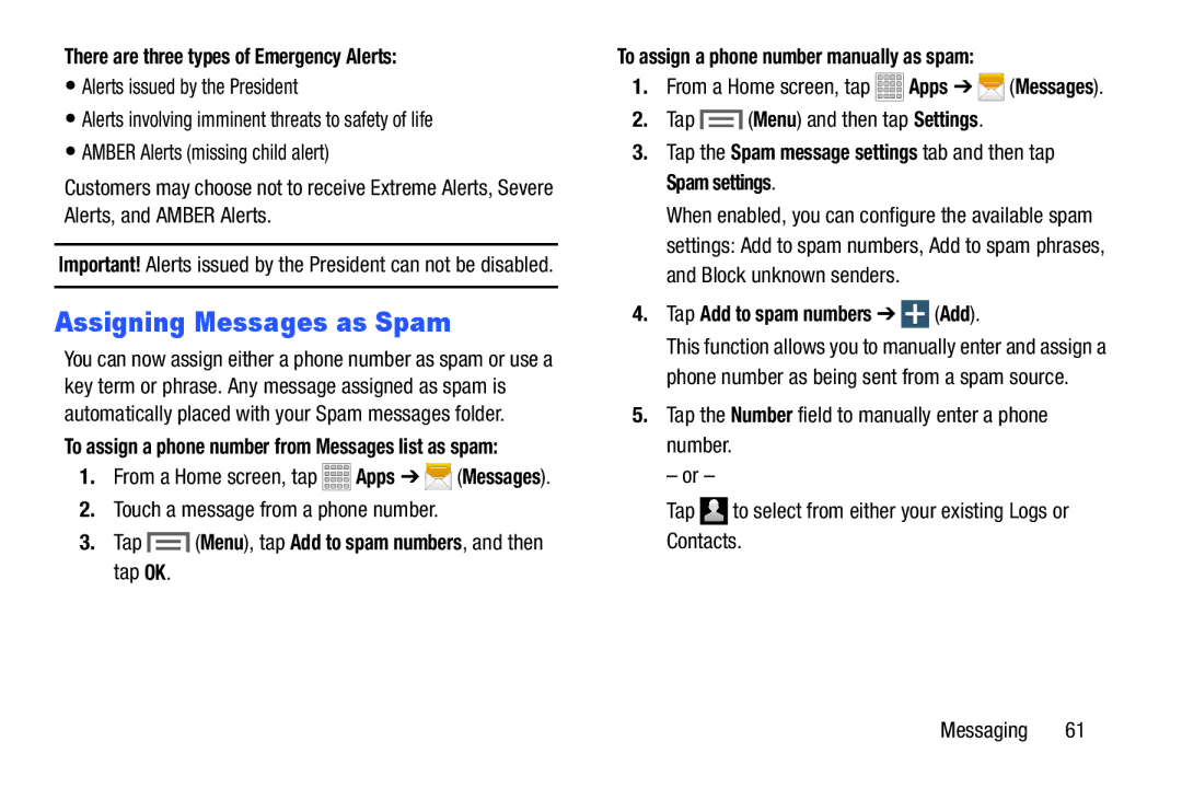 Samsung SMT217TMKATMB Assigning Messages as Spam, There are three types of Emergency Alerts, Tap Add to spam numbers Add 