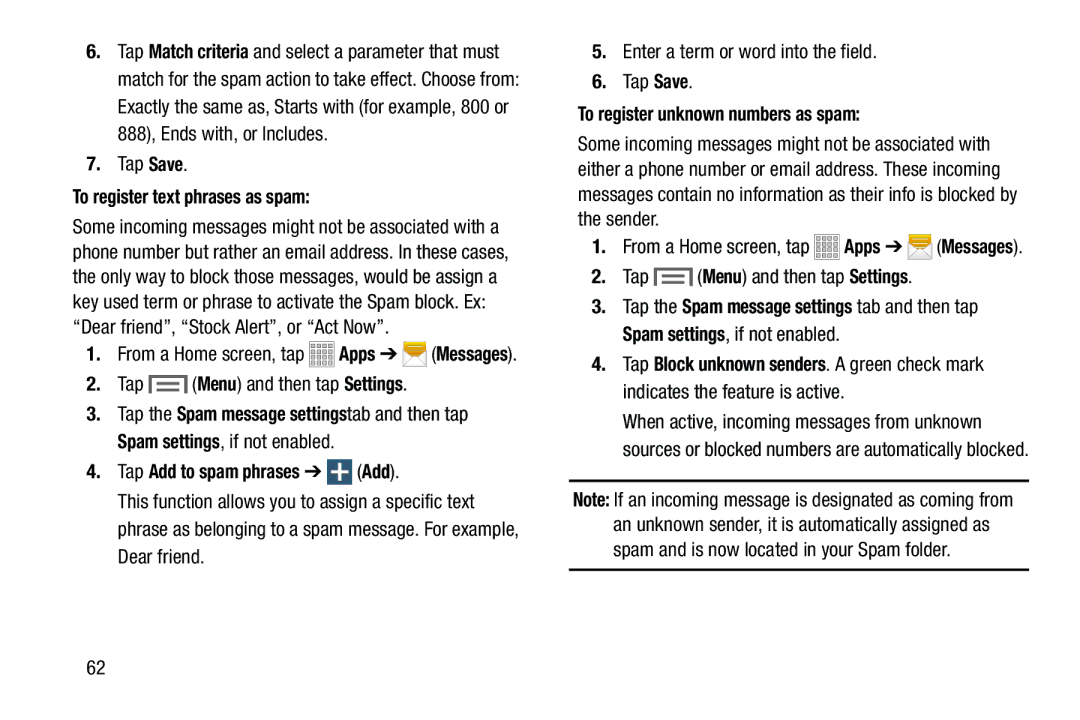 Samsung Tab3 Tap Save, To register text phrases as spam, Tap Add to spam phrases Add, To register unknown numbers as spam 