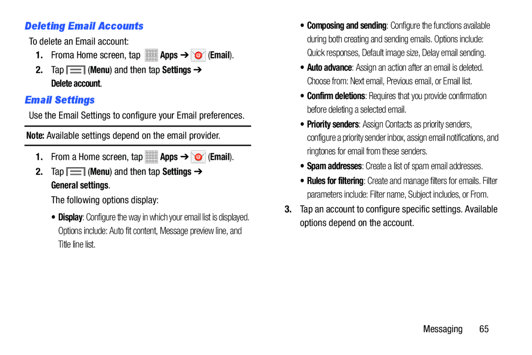 Samsung SMT217TMKATMB, Tab3 Deleting Email Accounts, Use the Email Settings to configure your Email preferences 