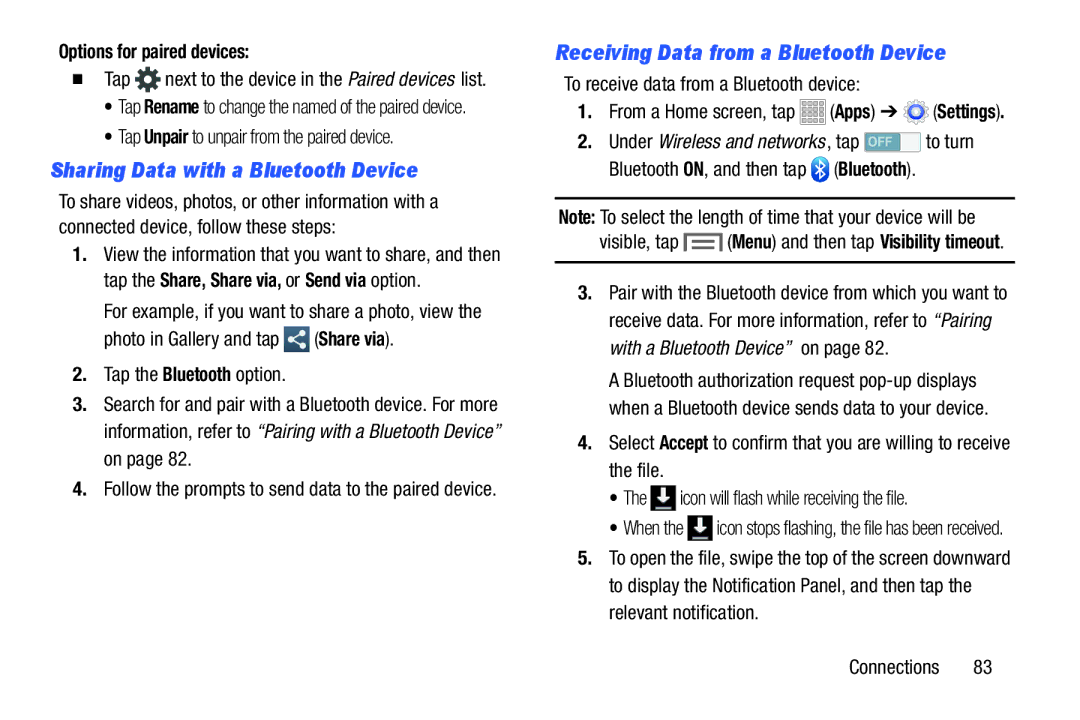 Samsung SMT217TMKATMB, Tab3 user manual Sharing Data with a Bluetooth Device, Receiving Data from a Bluetooth Device 