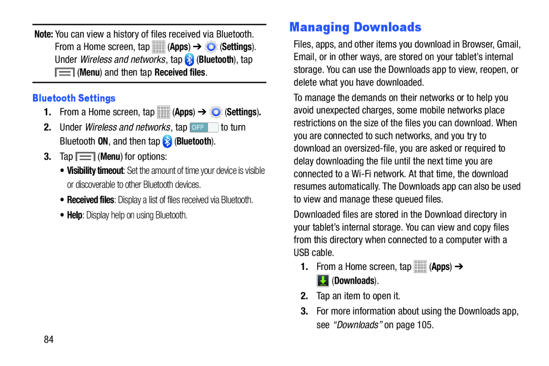 Samsung Tab3, SMT217TMKATMB user manual Managing Downloads, Menu and then tap Received files, Bluetooth Settings 