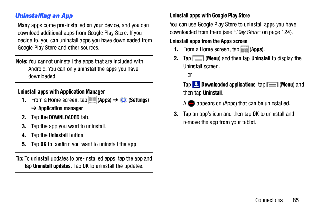 Samsung SMT217TMKATMB Uninstalling an App, Uninstall apps with Application Manager, Uninstall apps with Google Play Store 