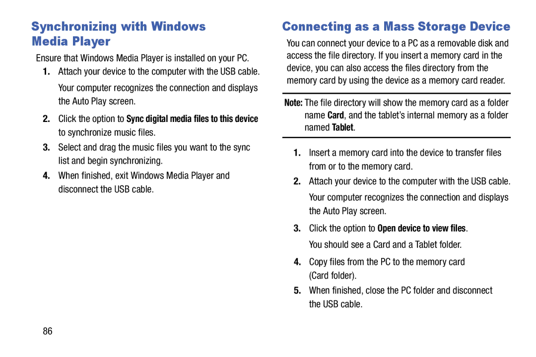 Samsung Tab3, SMT217TMKATMB user manual Synchronizing with Windows Media Player, Connecting as a Mass Storage Device 