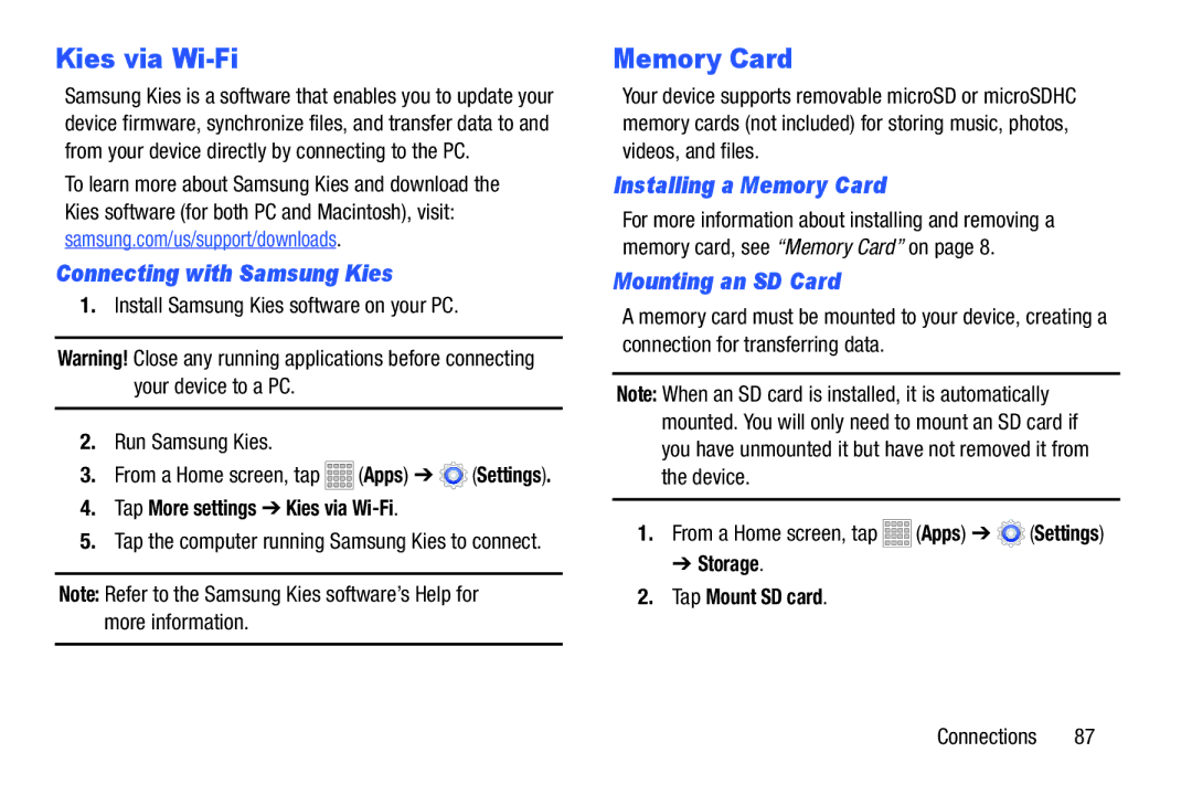 Samsung SMT217TMKATMB, Tab3 Connecting with Samsung Kies, Mounting an SD Card, Tap More settings Kies via Wi-Fi 