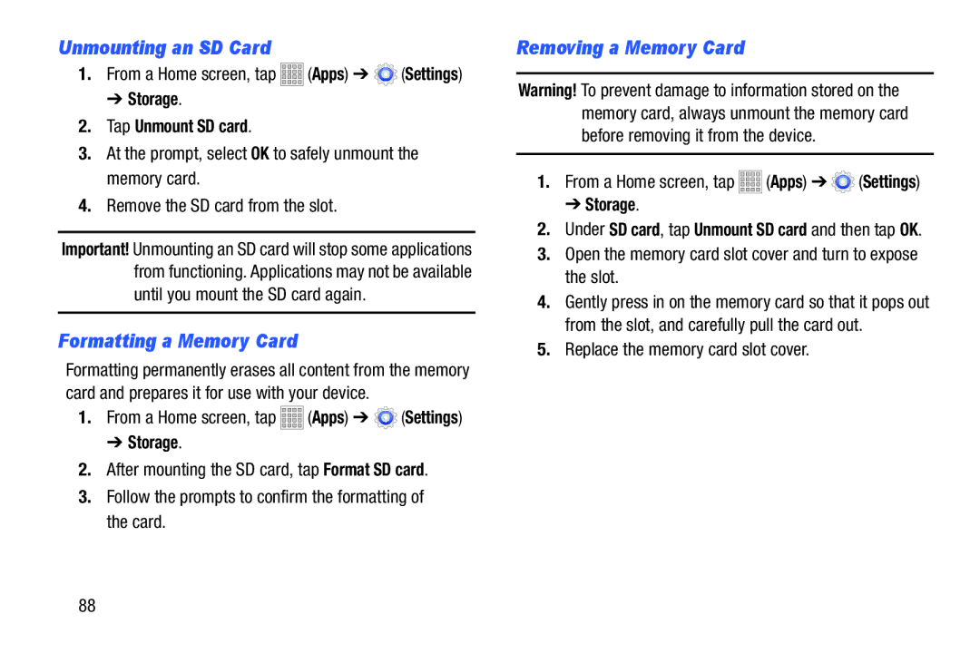 Samsung Tab3 Unmounting an SD Card, Formatting a Memory Card, Removing a Memory Card, Storage Tap Unmount SD card 