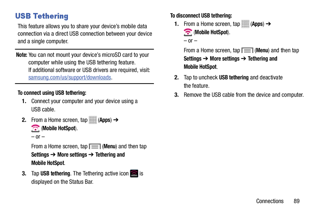 Samsung SMT217TMKATMB, Tab3 USB Tethering, To connect using USB tethering, Settings More settings Tethering Mobile HotSpot 