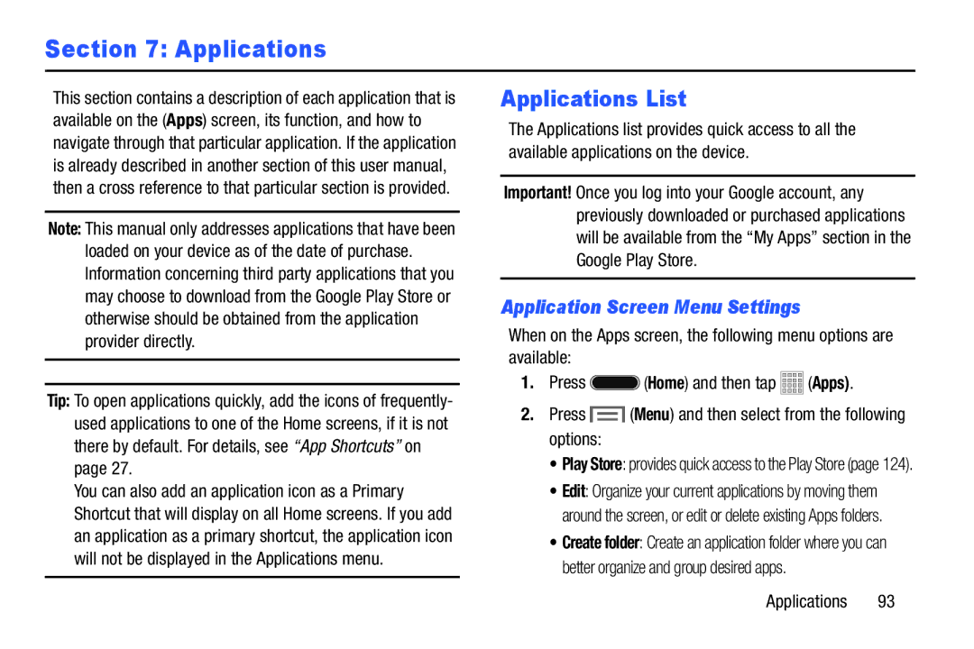 Samsung SMT217TMKATMB, Tab3 user manual Applications List, Application Screen Menu Settings 