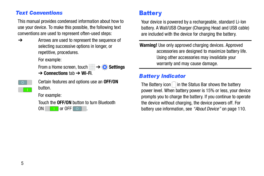 Samsung Tab4 user manual Text Conventions, Battery Indicator, For example, Connections tab Wi-Fi 