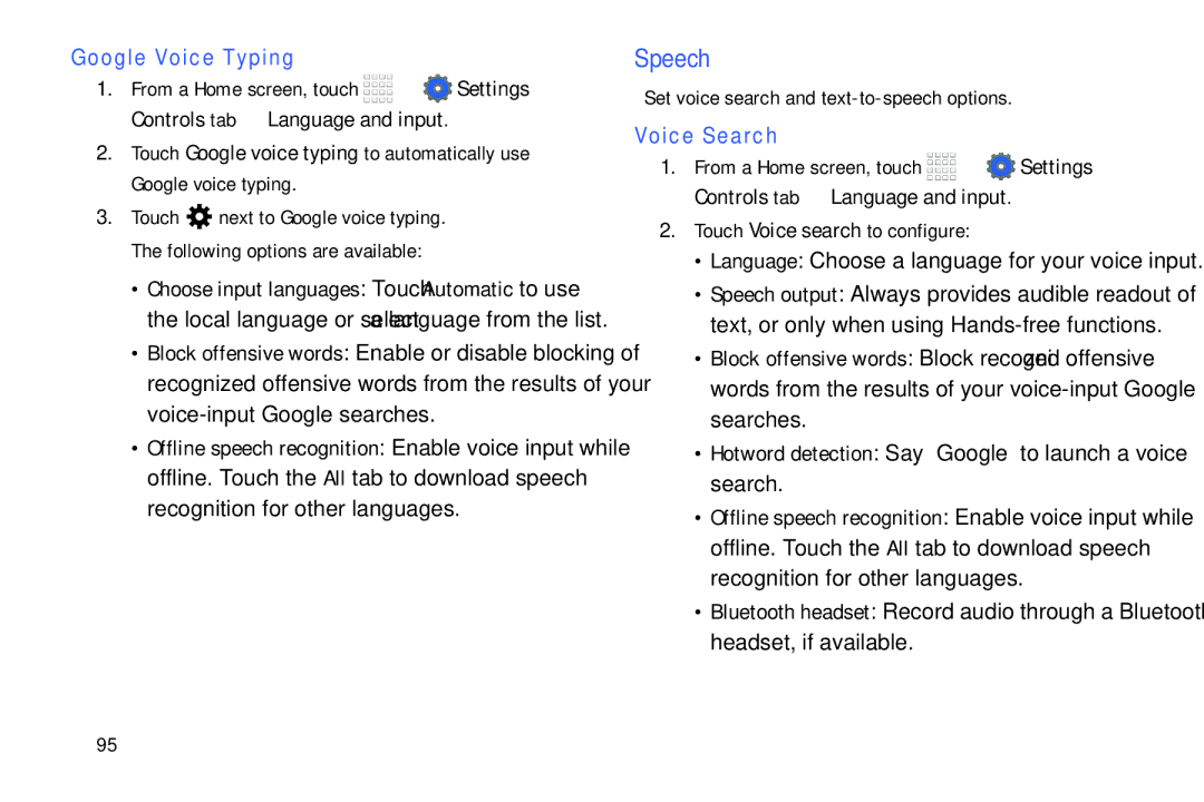 Samsung Tab4 user manual Speech, Google Voice Typing, Voice Search 