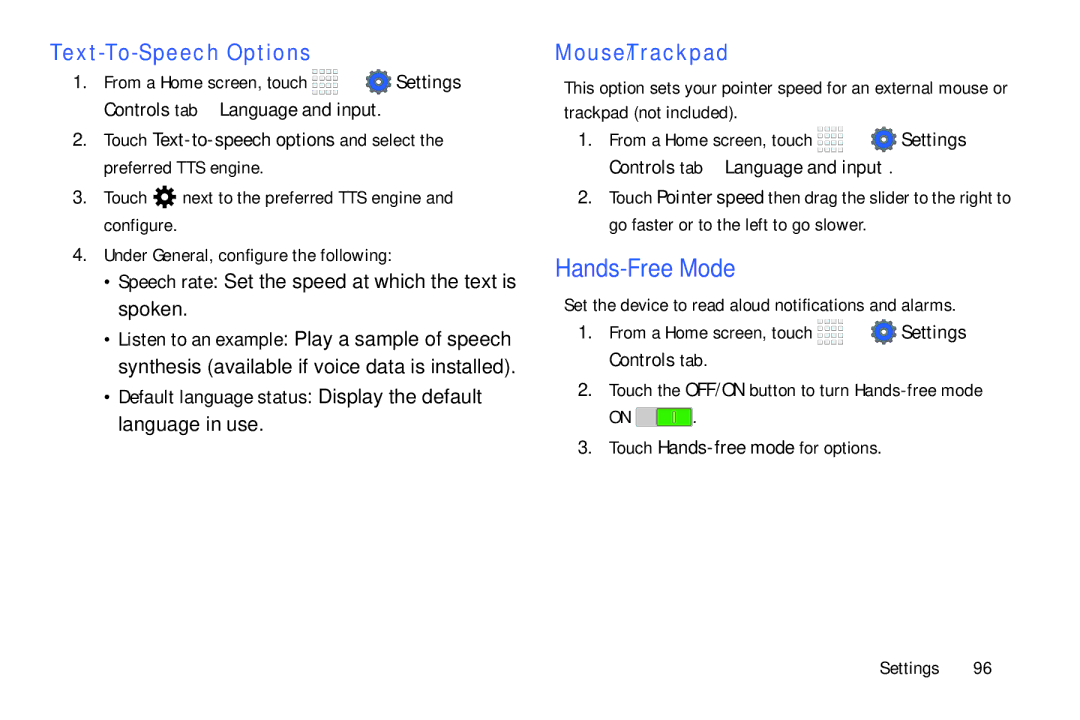 Samsung Tab4 user manual Hands-Free Mode, Text-To-Speech Options, Mouse/Trackpad 