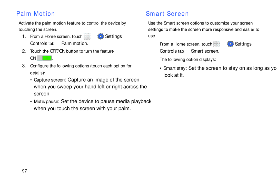 Samsung Tab4 user manual Palm Motion, Smart Screen 