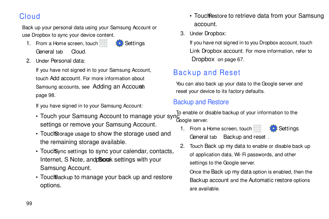 Samsung Tab4 user manual Backup and Reset, Backup and Restore, From a Home screen, touch Settings General tab Cloud 