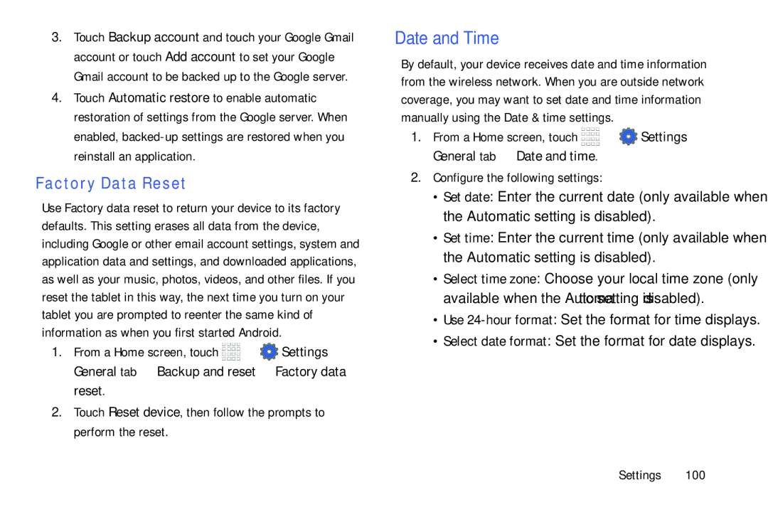 Samsung Tab4 user manual Date and Time, Factory Data Reset 