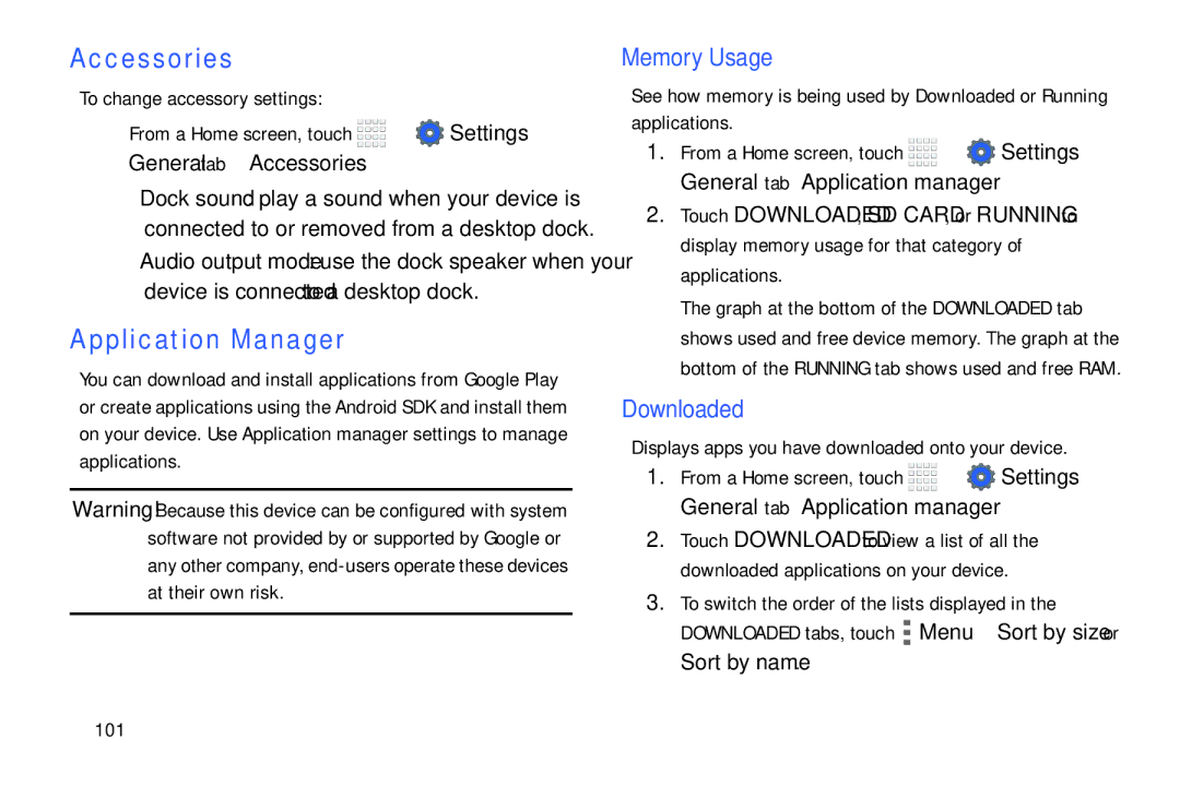 Samsung Tab4 user manual Accessories, Application Manager, Memory Usage, Downloaded 