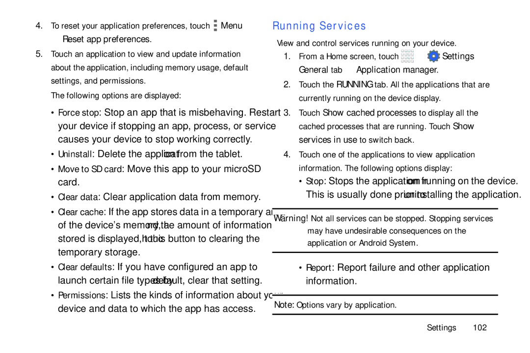 Samsung Tab4 user manual Running Services, Reset app preferences, Following options are displayed 