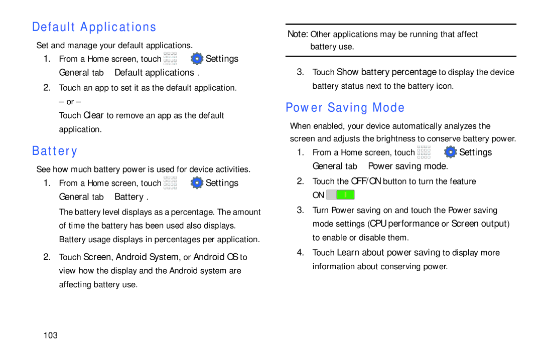 Samsung Tab4 user manual Default Applications, Power Saving Mode 