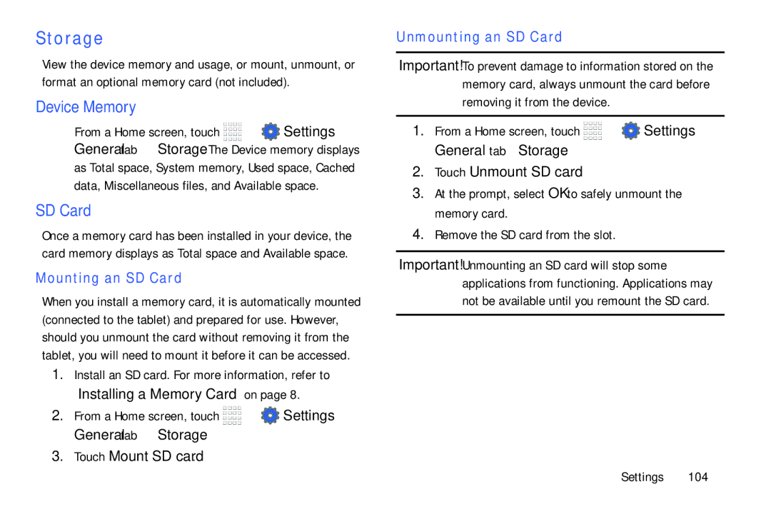 Samsung Tab4 user manual Storage, Device Memory, Mounting an SD Card, Unmounting an SD Card 